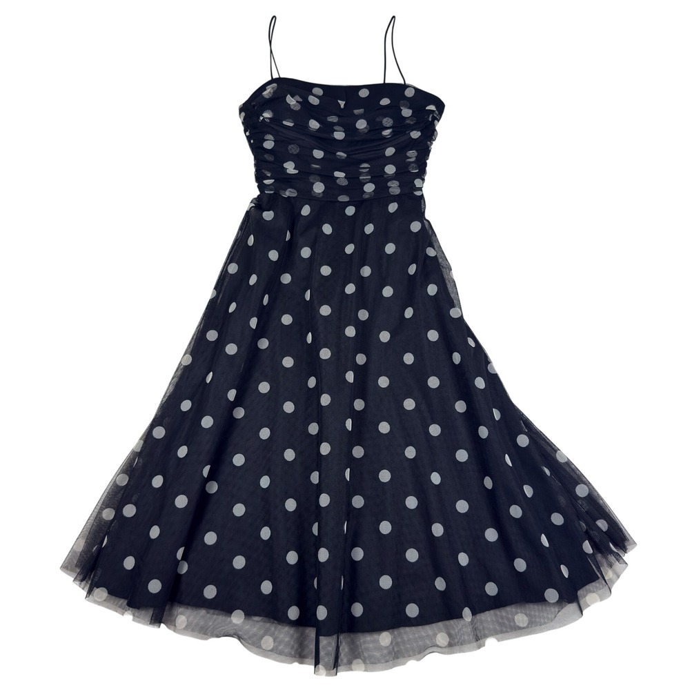Vintage Jessica Howard Polka Dot Tulle Tea Dress Black White Ruched Size 8